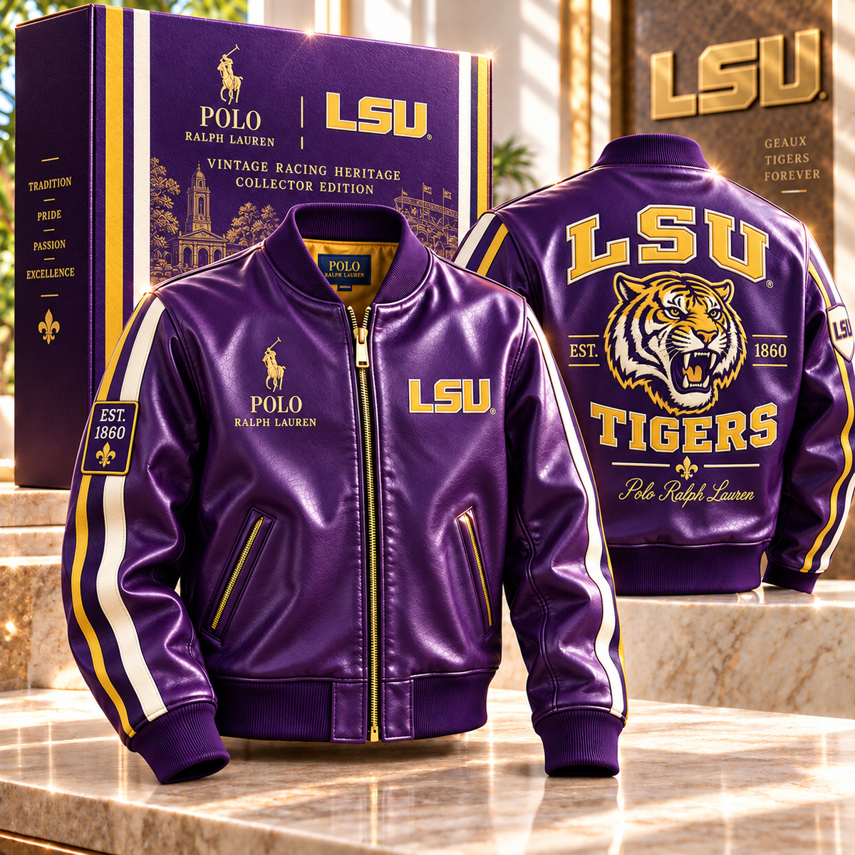 LSU PREMIUM LEATHER BOMBER JACKET NTNA