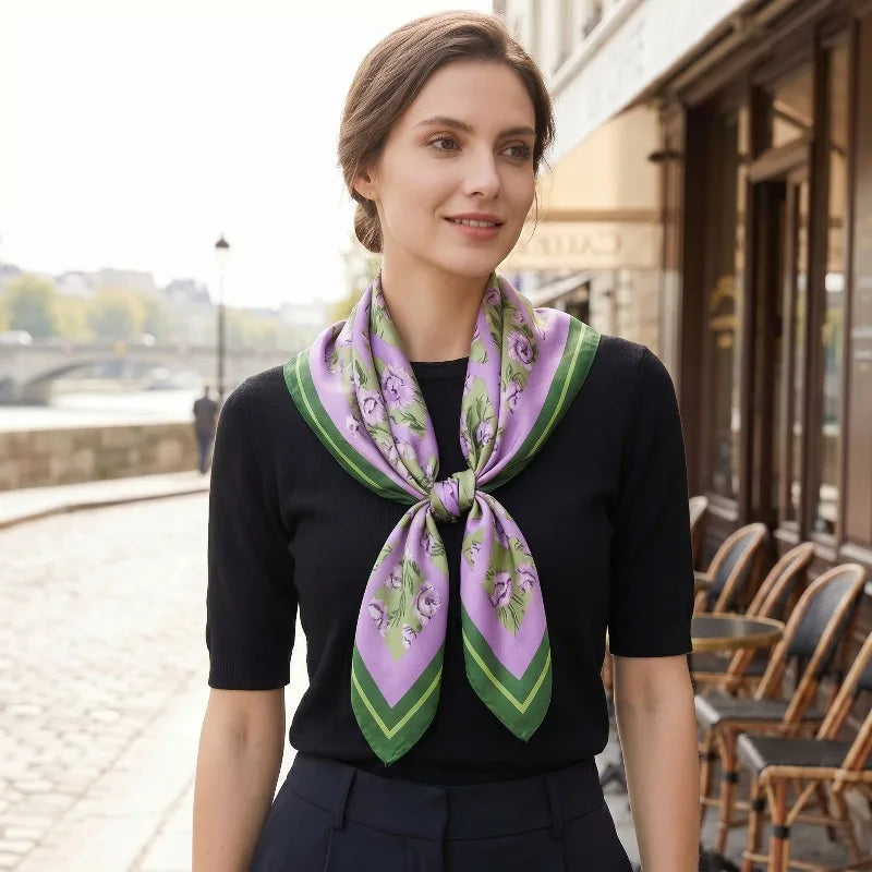 100% Mulberry Silk Scarf 35" Square Headscarf Women’s Hair Wraps Travel Shawl (88*88cm) With Gift Packed Purple Floral Print