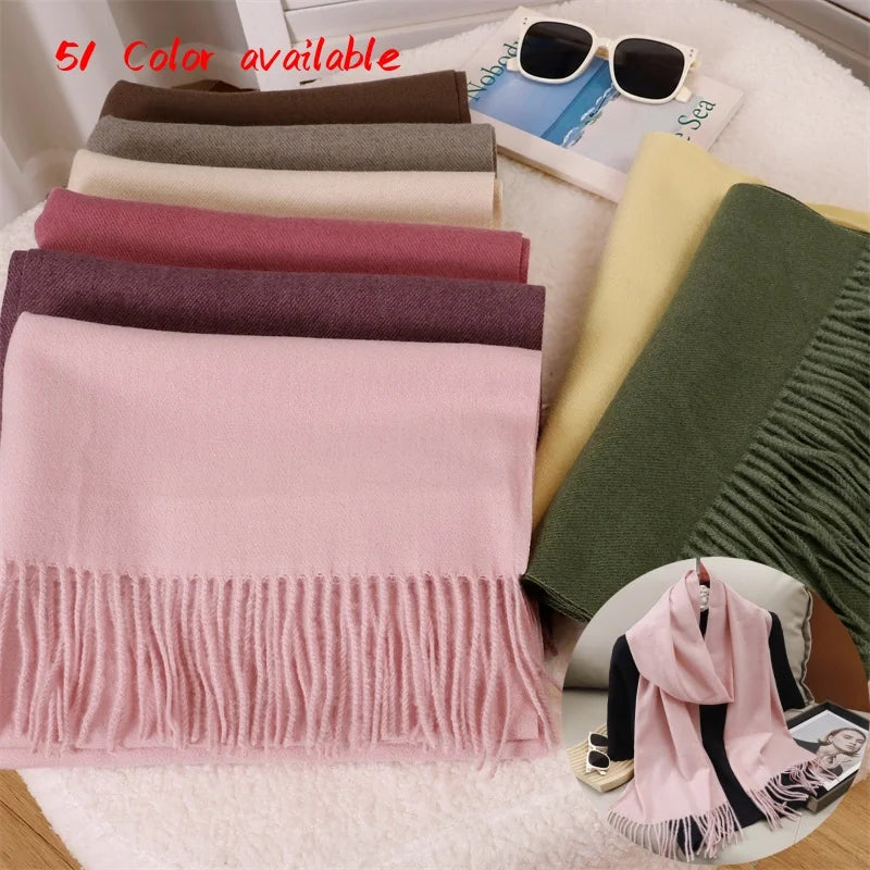 30*180cm Solid Color Women Winter Scarf Warm Thicken Cashmere Shawl Outdoor Tassels Pashmina Lady Wrap Windproof Scarves Luxury