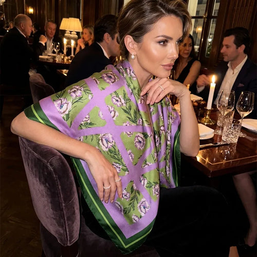 100% Mulberry Silk Scarf 35" Square Headscarf Women’s Hair Wraps Travel Shawl (88*88cm) With Gift Packed Purple Floral Print